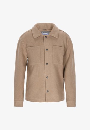 Beige Wolljacke mit Kragen, Knopfverschluss und zwei Brusttaschen, vor einem weißen Hintergrund präsentiert.