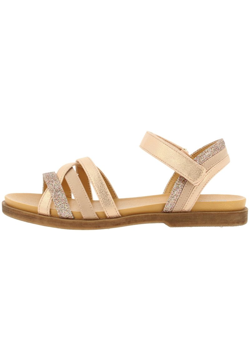 Dámské sandály z měkké nude kůže s křížovými pásky. Proužek s třpytkami na jednom pásku; plochá podrážka s mírným podpatkem. Nastavitelný pásek kolem kotníku.
