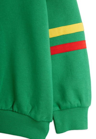 Πράσινη φούτερ μπλούζα με ριγωτούς μανίκια και ύφασμα στο κάτω μέρος. Διαθέτει τρεις οριζόντιες ρίγες σε κίτρινο, κόκκινο και κί�τρινο στο μανίκι. Μαλακή υφή.