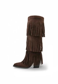 Bottes marron en daim jusqu'au genou avec des détails en frange superposée, un bout pointu et un petit talon carré.