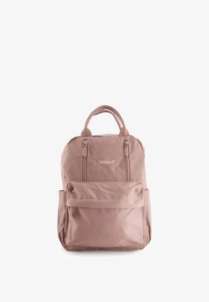 Mauve nylon rugzak met bovenhandvat, twee verticale ritsen aan de voorkant, voorvak met klep en het "VENEZIA" logo geborduurd op de voorkant.