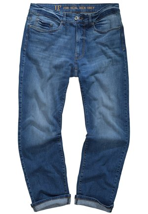 Blauwe denim jeans met een rechte pasvorm, vijf zakken, lichte vervaging en opgerolde boorden. Bevat een leren label op de tailleband.