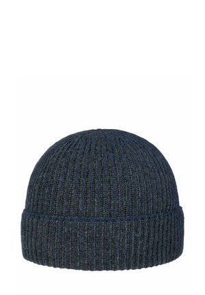 Marineblaue, gerippte Strickmütze mit umgeschlagenem Bündchen, entworfen für Wärme und legere Trageweise.