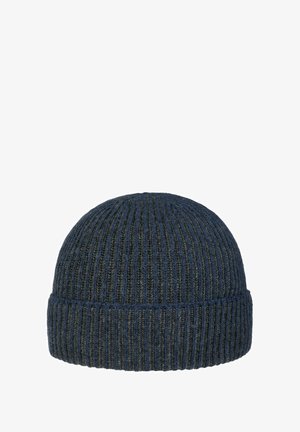 Navy blue ribbed knit beanie hat with folded cuff, designed for warmth and casual wear.