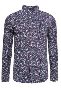 Camicia a maniche lunghe con sfondo blu navy e motivo floreale in rosso, bianco e blu, colletto a camicia e bottoni bianchi.