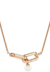 Rosaguld kædetrøje med to store ovale led og en enkelt hvid perleanheng hængende fra ét led.