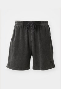Charcoal gray shorts made of cotton blend, featuring an elastic waistband with a drawstring, and a small logo on the lower side.