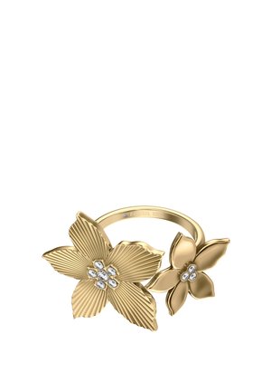 Anillo de color dorado con dos formas de flores detalladas, cada una con seis pequeños cristales claros en el centro.
