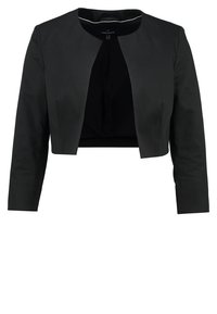 Veste courte noire avec un col rond, des manches longues et une texture lisse et mate. Pas de fermetures visibles ni d'ornements.