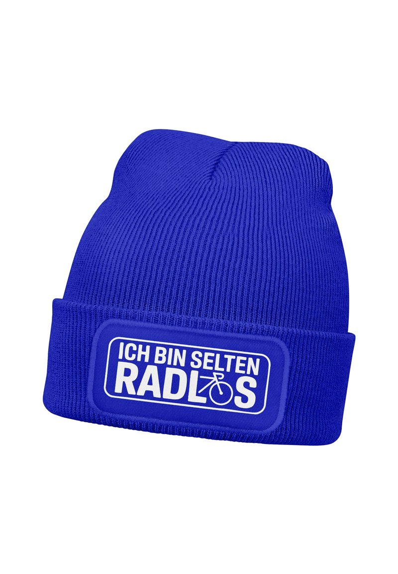 Blue knitted beanie with folded brim featuring white text and a bicycle icon reading "ICH BIN SELTEN RADLOS."