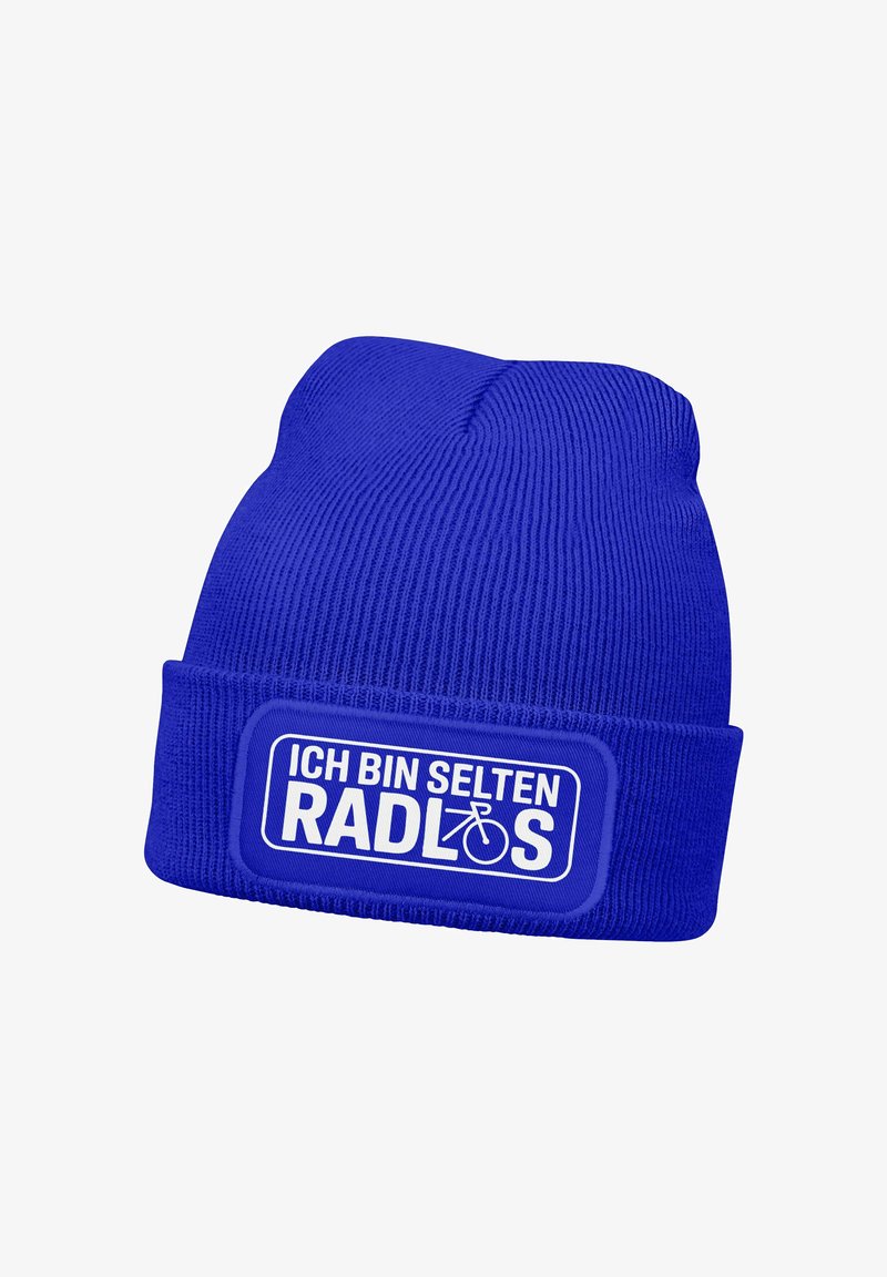 Blue knitted beanie with folded brim featuring white text and a bicycle icon reading "ICH BIN SELTEN RADLOS."