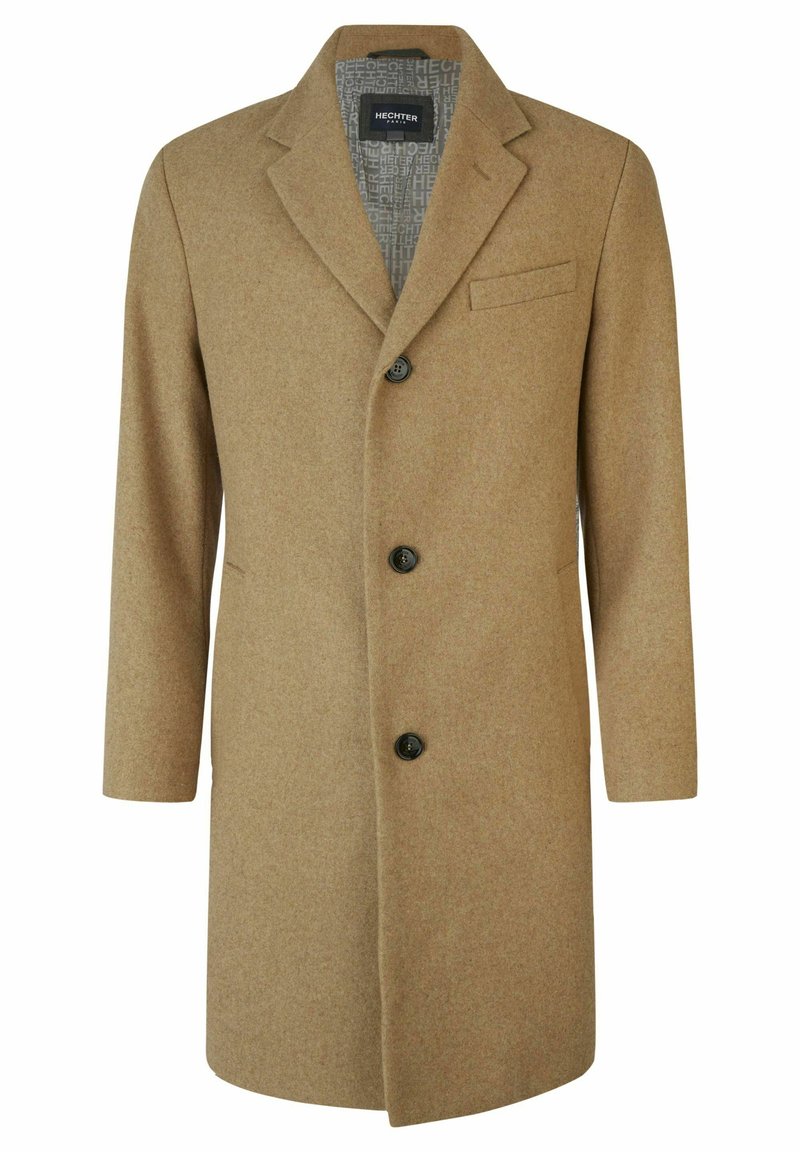 Brown wool coat with a notched collar, single breast, and three buttons. Features a chest pocket and textured lining. Standard fit.