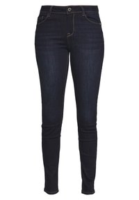 Tmavě modré skinny džíny vyrobené z denimové tkaniny, které mají pět kapes, zipový zip a kontrastní stehy podél švů a kapes.