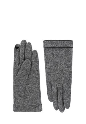 Pair of gray wool gloves, one showing palm side and the other back side with a black heart on the index finger tip.