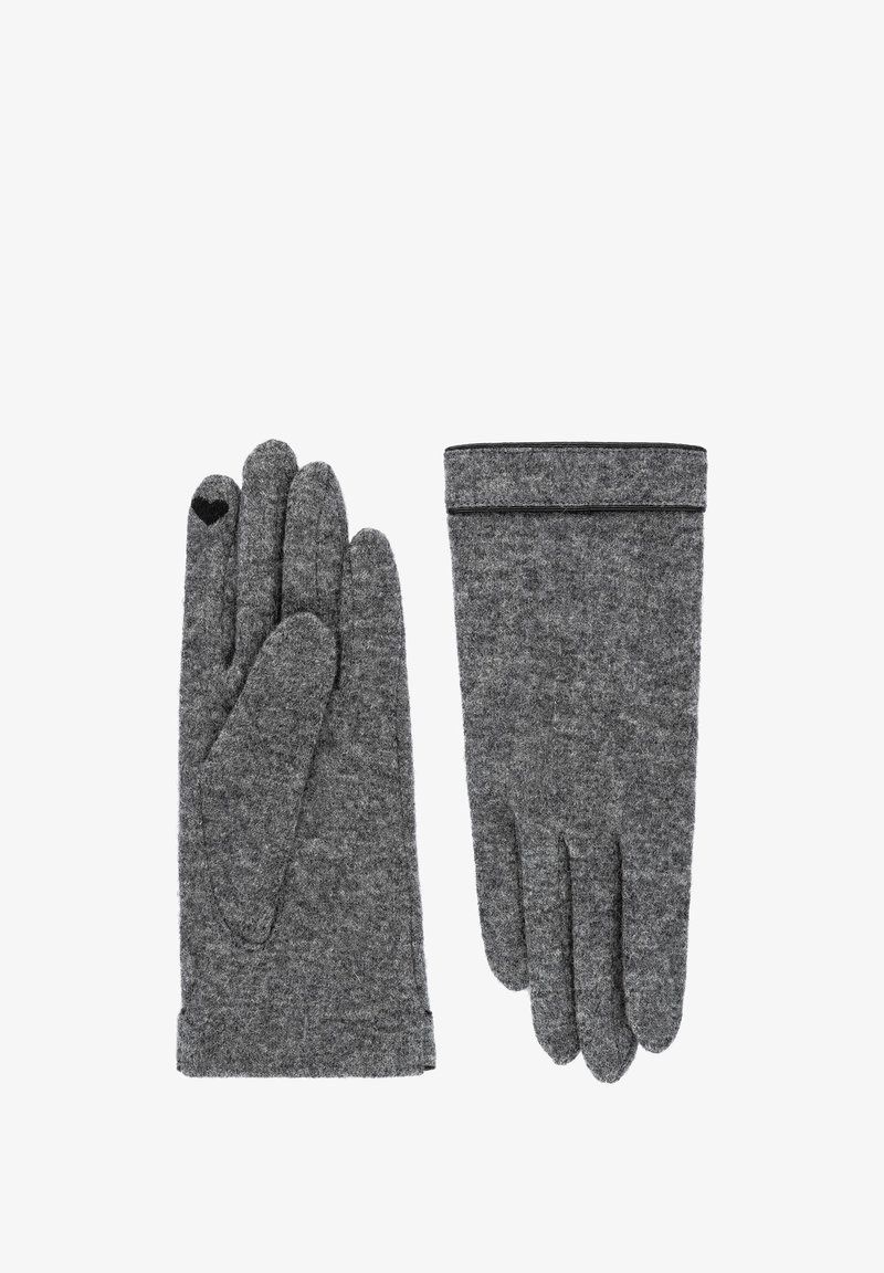 Ein Paar graue Wollhandschuhe, wobei einer die Handfläche und der andere die Rückseite mit einem schwarzen Herzen an der Spitze des Zeigefingers zeigt.