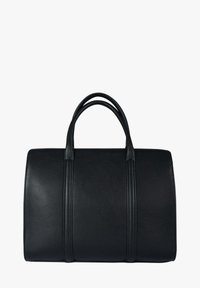 Borsone in pelle nera con forma strutturata, due manici arrotondati e cuciture visibili. Texture liscia con hardware minimale.