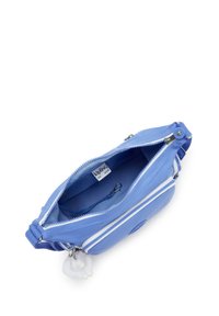 Light blue shoulder bag with dual zippers, inner pocket, and small charm. Smooth exterior with a fabric texture and white accents.