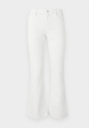 Jeans albi evazați din denim, cu talie înaltă, cinci buzunare și închidere cu fermoar și nasture metalic. Textură netedă și croială ajustată.