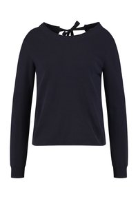 Pull bleu marine à manches longues avec un col rond et un détail de nœud noué au dos.