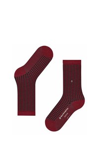 Burgunderfarbene Socken mit einem schwarzen Hahnentritt-Muster, gerippten Bündchen sowie verstärkter Ferse und Zehen. Weiche Textur mit glatter Oberfläche.