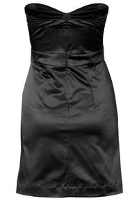 Svart axelbandslös klänning i slät satin, med figursydd överdel och veck, samt rak fåll. Har ett centralt bakre blixtlåsstängning.