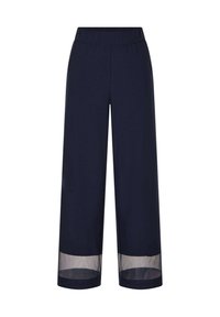 Navy wijde broek met een elastische tailleband en doorschijnende stofaccenten aan de onderkanten, met een gladde textuur.