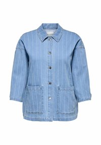 Gaiša zila džinsa jaka ar vertikālām baltām svītrām, pogu aizdare, apkakle un divas priekšējās kabatas. Brīvas piegriezuma ar trim ceturtdaļu piedurknēm.