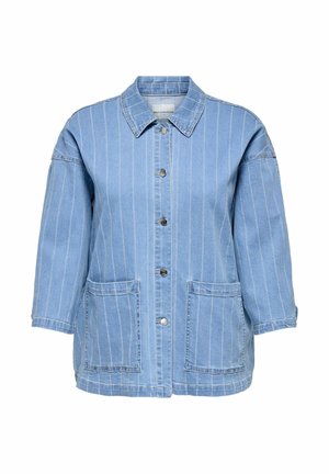Helles blaues Denim-Jackett mit vertikalen weißen Streifen, Knopfverschluss, Kragen und zwei Vordertaschen. Bequeme Passform mit Dreiviertelärmeln.