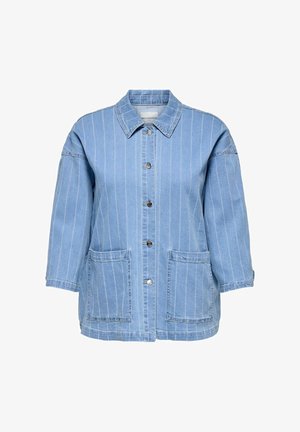 Gaiša zila džinsa jaka ar vertikālām baltām svītrām, pogu aizdare, apkakle un divas priekšējās kabatas. Brīvas piegriezuma ar trim ceturtdaļu piedurknēm.