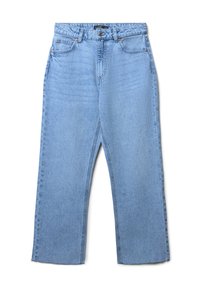 Jeans in denim azzurro chiaro con taglio dritto, cinque tasche e chiusura con bottone. Presentano un leggero sbiadimento e cuciture a contrasto.