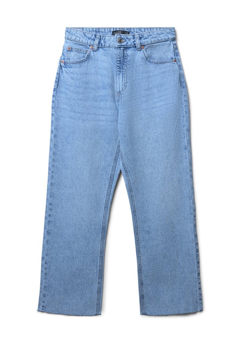 Jeans in denim azzurro chiaro con taglio dritto, cinque tasche e chiusura con bottone. Presentano un leggero sbiadimento e cuciture a contrasto.