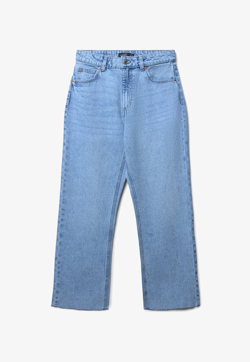 Jeans in denim azzurro chiaro con taglio dritto, cinque tasche e chiusura con bottone. Presentano un leggero sbiadimento e cuciture a contrasto.