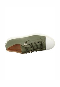 Olive green sneaker with a white rubber toe cap, textile upper, lace-up design, and contrasting stitching along the sole.
