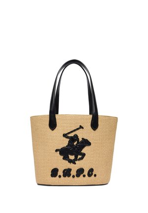 Borsa tote beige intrecciata con doppi manici neri, emblema nero del giocatore di polo a cavallo e lettere nere B.H.P.C. sul davanti.