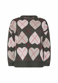 Grauer Strickpullover mit einem Herzmuster in Rosa und Weiß, umrandet mit roten Rauten. Verfügt über einen Rundhalsausschnitt und lange Ärmel.