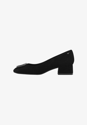 Schwarzer Wildleder-Pumpschuh mit runder Zehenpartie und breitem Absatz. Verfügt über ein glänzendes Schnallendetail vorne und ein minimalistisches Design.