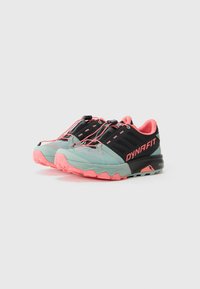 Trail running shoes with a black, mint green, and pink color scheme; features a textured sole, breathable mesh upper, and elastic laces.
