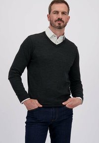 Man met kort haar en baard, gekleed in een zwart V-hals trui over een witte overhemd met kraag en donkerblauwe jeans, met de handen in de zakken.