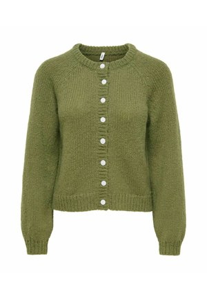 Cardigan en maille verte avec manches longues, col rond, poignets et ourlet côtelés, et boutons blancs au centre devant.