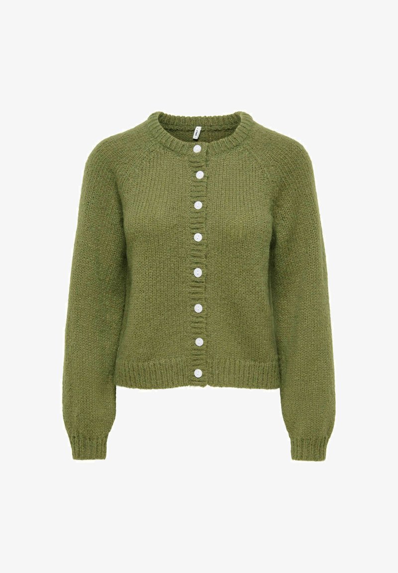 Cardigan en maille verte avec manches longues, col rond, poignets et ourlet côtelés, et boutons blancs au centre devant.