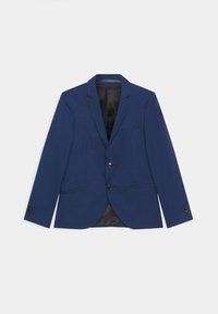 Niebieski blezer z teksturowanej tkaniny, z wyciętym klapem, pojedynczą kieszenią na piersi, dwiema kieszeniami z przodu oraz czarnymi zapięciami na guziki.