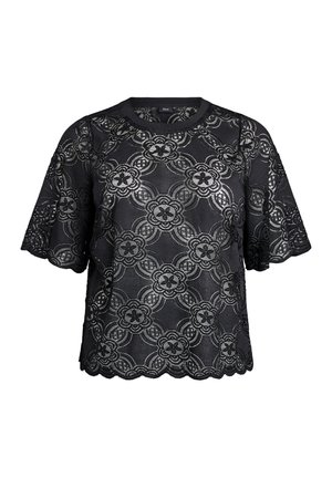Černá krátká halenka s krátkým rukávem a květinovým krajkovým vzorem, vroubkovanými okraji a kulatým výstřihem.