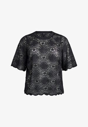 Schwarze kurzärmelige Bluse mit floralem Spitzenmuster, gezackten Kanten und rundem Ausschnitt.