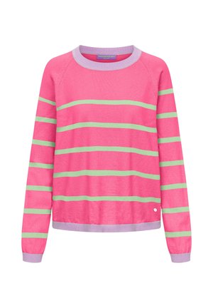 Różowy sweter z długim rękawem z jasnolinowymi poziomymi paskami, liliowym prążkowanym kołnierzem, mankietami i pasem dolnym.