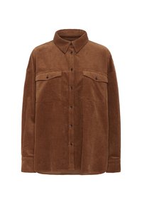 Chemise en velours côtelé marron avec un devant à boutons, deux poches poitrine et un col classique, présentant une surface texturée et côtelée.
