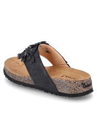 Schwarze Ledersandalen mit floralen Akzenten, Kork-Fußbett und strukturiertem Gummisohle. Doppelte Riemen verbinden sich an der Zehe für einen sicheren Sitz.