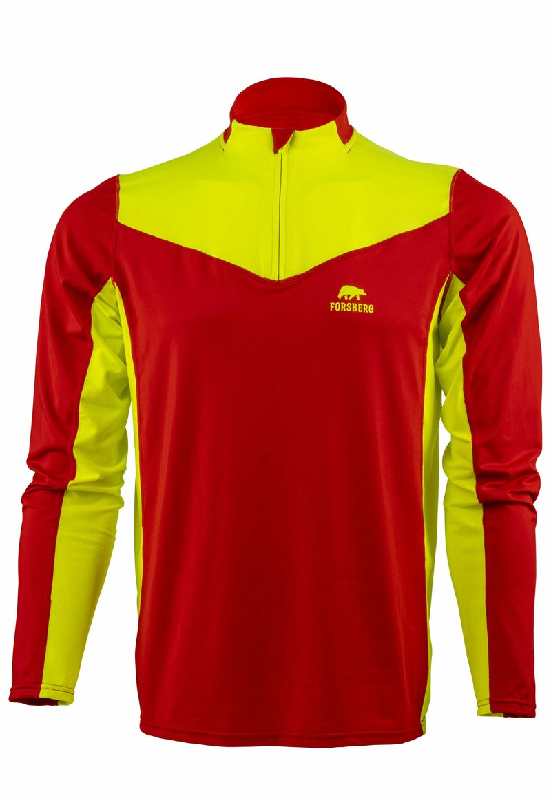 Langarm-Sportshirt mit hohem Kragen; besitzt einen roten Körper, gelbe Akzente an den Ärmeln und einen Reißverschluss am Hals; aus einem strukturierten Stoff gefertigt.