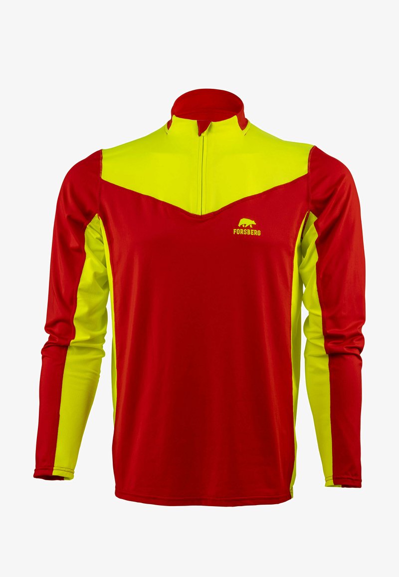 Langarm-Sportshirt mit hohem Kragen; besitzt einen roten Körper, gelbe Akzente an den Ärmeln und einen Reißverschluss am Hals; aus einem strukturierten Stoff gefertigt.