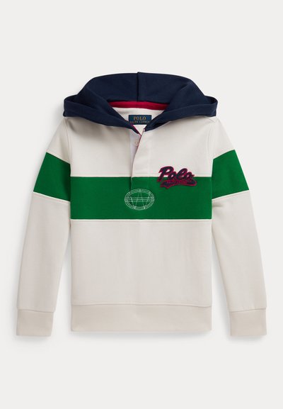 Φούτερ με κουκούλα σε κρέμα χρώμα, με πράσινες και ναυτικές οριζόντιες ρίγες, αθλητικό λογότυπο κεντημένο, κουμπότρυπα και ριμπ μανσέτες.