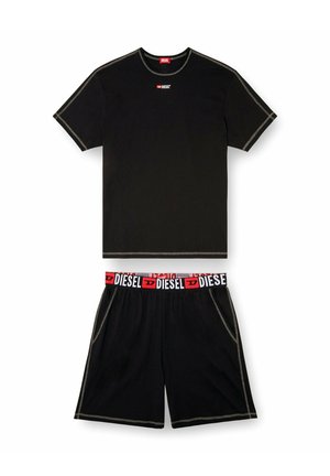 Czarny zestaw z krótkim rękawem – T-shirt i szorty z szarym przeszyciem, logo Diesel na piersi oraz elastyczny pas w kolorach czerwonym, czarnym i białym.